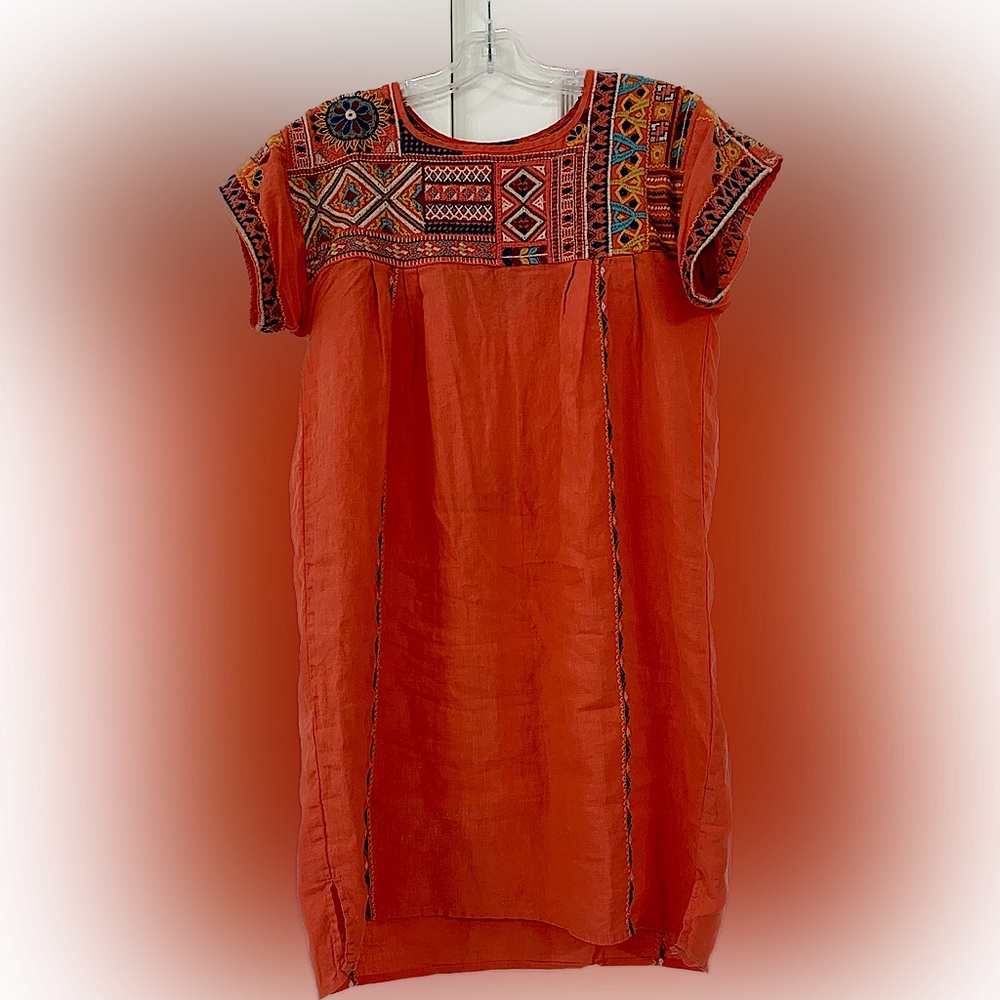 Johnny was coral peach embroidered short sleeve linen women’s mini dress small
